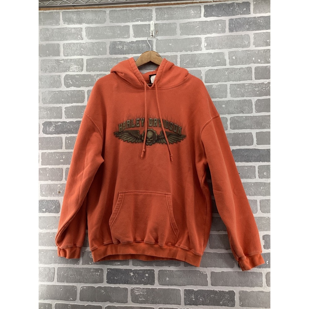 Harley Davidson Toledo Ohio Graphic Hoodie Orange Mens XL Winged Skull Moto